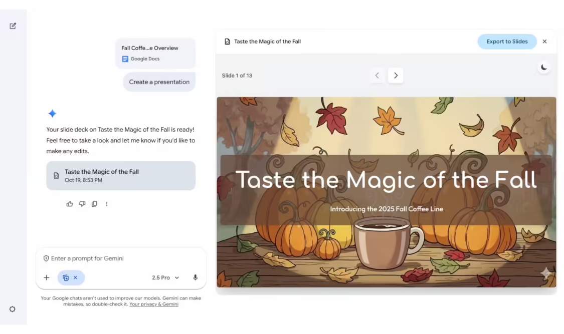 谷歌 Gemini 新技能：一个提示词、一份文件就能生成 PPT