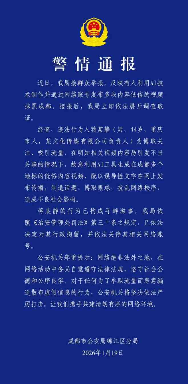 男子故意利用 AI 生成在成都多个地标的低俗视频，被行政拘留